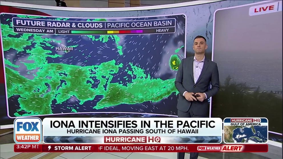 Iona is the first named storm of 2025 in the Central Pacific and is currently a Category 3 hurricane on the Saffir-Simpson Hurricane Wind Scale according to the National Hurricane Center.