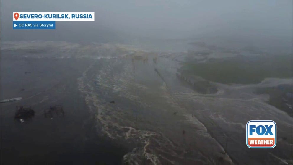 Drone footage the from Kamchatka branch of the Federal Research Center of Geophysical Surveys of the Russian Academy of Sciences shows the damage caused by tsunami waves on the town of Severo-Kurils, in Russia’s far-eastern Kuril Islands. The waves were caused by a magnitude 8.8 earthquake, the sixth strongest quake in recorded history.