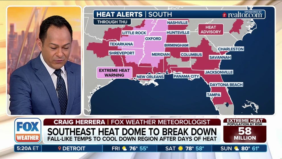 Extreme heat will remain for another day for parts of the South and Southeast before a cold front will dump heavy rain and cut temperatures at the end of the workweek.