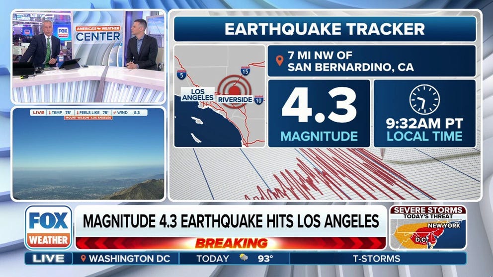 A magnitude 4.3 earthquake was recorded on Thursday morning about 7 miles from San Bernardino, California. Shaking was reported in and around the Los Angeles area. 