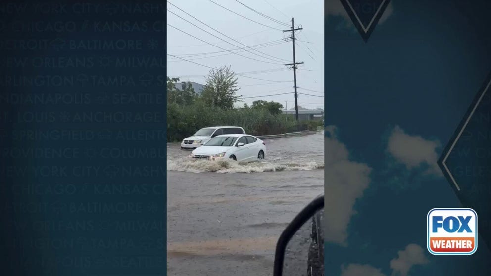 Slow-moving thunderstorms on Thursday afternoon caused flooding across parts of New Jersey, Pennsylvania and New York. Video from South Amboy shows several cars driving through high floodwaters during the height of the storms. 