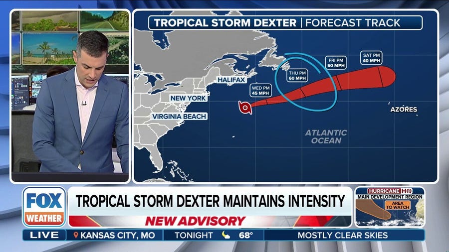 Tropical Storm Dexter maintains intensity moving out into Atlantic 