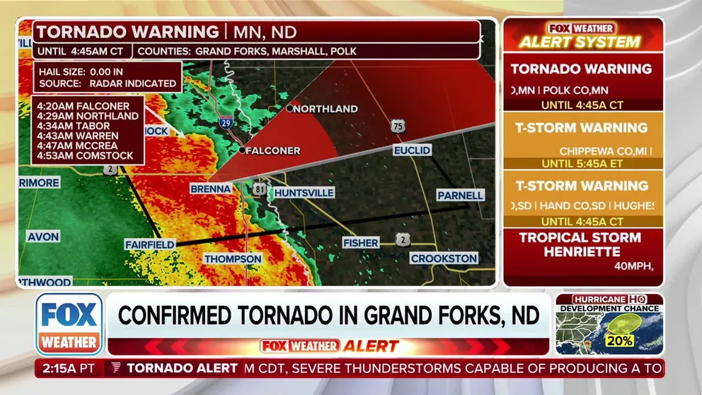 FOX Weather Meteorologists Craig Herrera and Stephen McCloud tracked a severe storm complex that produced a radar-confirmed tornado as storms swept across North Dakota early Friday morning