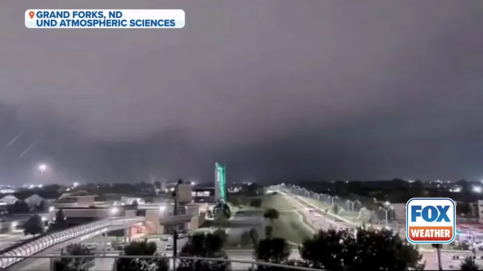 Severe thunderstorms sweep through Grand Forks, North Dakota Friday morning.