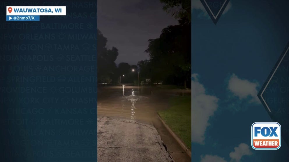 A video shared from Wauwatosa, Wisconsin, shows roads and neighborhoods that were flooded after torrential rain fell on Saturday, Aug. 9.
