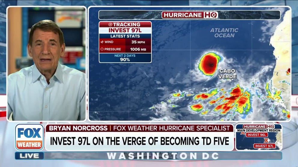 FOX Weather Hurricane Specialist Bryan Norcross joined FOX Weather Command and analyzes Invest 97L which is expected to become Tropical Storm Erin in the Atlantic Basin and head west. While there is nothing actionable now, people from Florida to Canada should be aware.