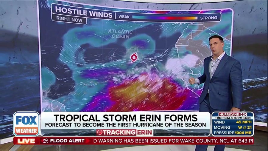 Tropical Storm Erin is forecast to become the first hurricane of the season