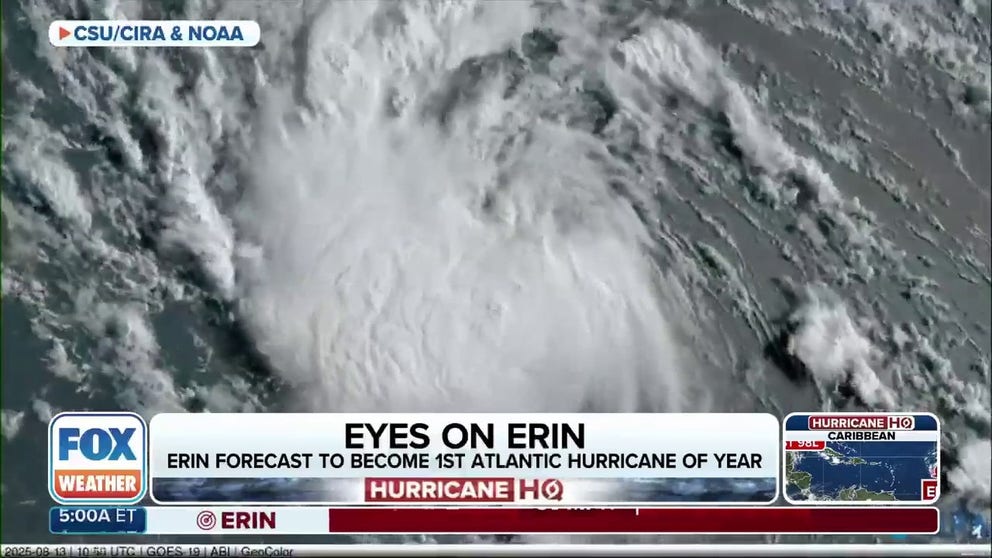 The National Hurricane Center said that Tropical Storm Erin is moving into a more favorable environment and is becoming better organized, and forecasters say it could rapidly intensify this weekend as Hurricane Hunters get set to fly into the system on Thursday. FOX Weather Meteorologists Britta Merwin and Craig Herrera have the latest forecast on Aug. 14, 2025.