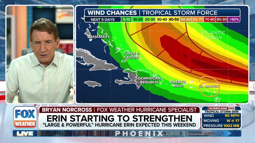 FOX weather Hurricane Specialist Bryan Norcross offers expert analysis of the latest forecast for Tropical Storm Erin, which is expected to become a hurricane by tomorrow and then rapidly intensify into a major hurricane this weekend.