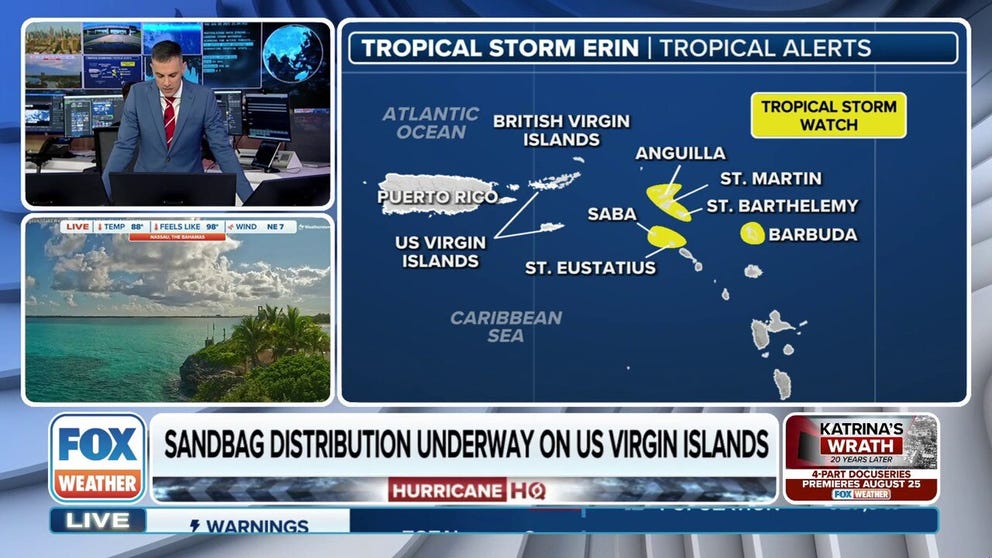 Tropical Storm Erin is still on track to become a hurricane by Friday. The Caribbean islands are preparing for the storm's impacts as Tropical Storm watches are issued on several islands. 