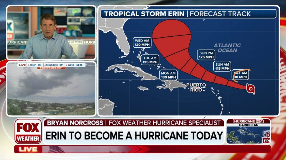 Tropical Storm Erin is set to become a hurricane today as it moves into the Caribbean north of the Leeward islands. FOX Weather Hurricane Specialist Bryan Norcross analyzes Erin's future as a possible major hurricane and the impacts that could be felt on the East Coast of the U.S. and throughout the Caribbean.