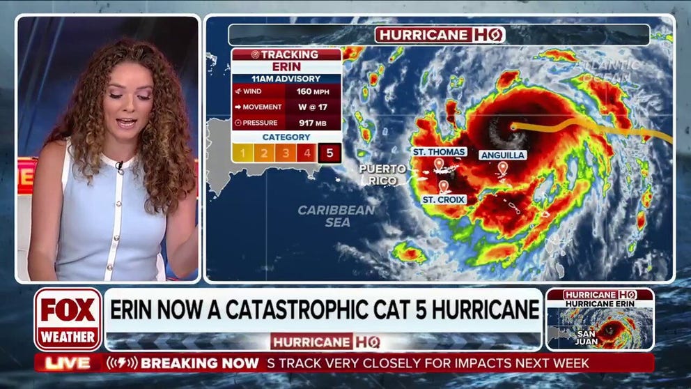 Hurricane Erin has strengthened into a Category 5 hurricane late Saturday morning with maximum sustained wind speeds of 165 mph, according to the National Hurricane Center. 