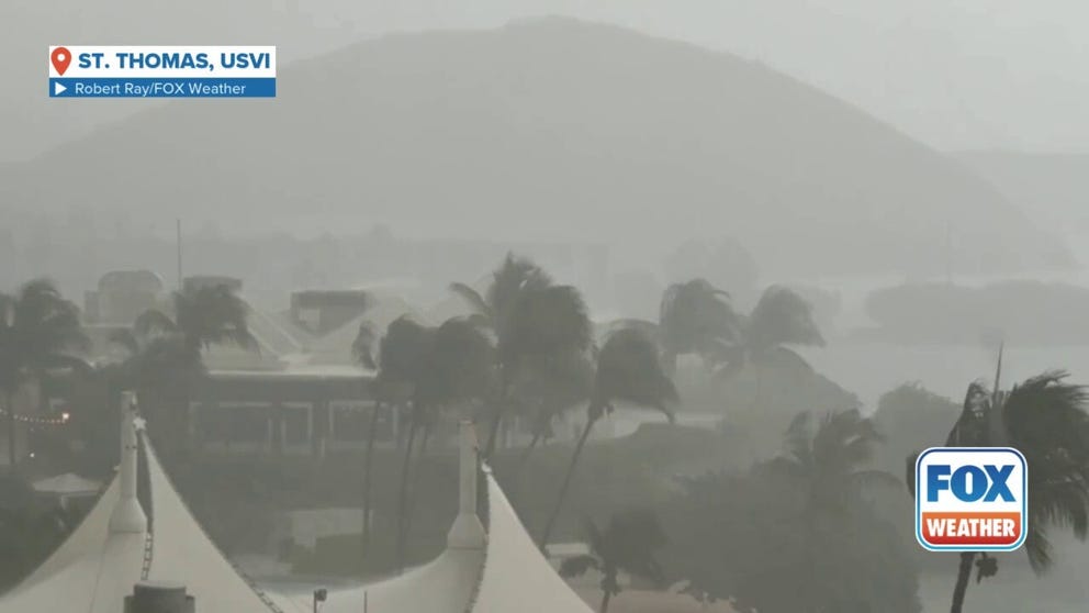 FOX Weather Correspondent Robert Ray shared this video of strong winds and heavy rain on St. Thomas in the U.S. Virgin Islands as Hurricane Erin passed to the north on Saturday, Aug. 17, 2025.