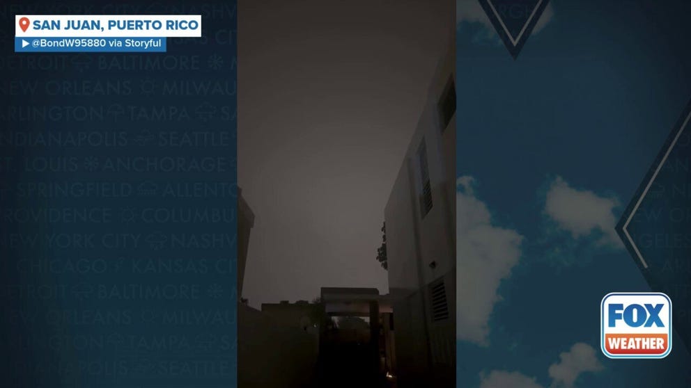 A video shared from San Juan, Puerto Rico, shows the city starting to feel the effects of Hurricane Erin on Saturday, Aug. 16.