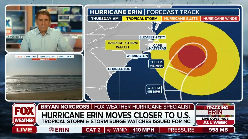 Hurricane Erin has weakened to a Category 2 hurricane, but that doesn’t decrease the danger that exists along beaches on the East Coast. FOX Weather Hurricane Specialist Bryan Norcross has expert analysis of the latest forecast and breaks down the threats to the U.S. on Aug. 19, 2025.