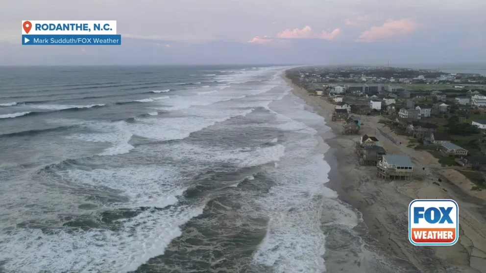 A drone video from Exclusive FOX Weather Storm Tracker Mark Sudduth shows monster waves pounding the beach in Rodanthe, North Carolina, as Hurricane Erin churns offshore on Aug. 20, 2025.