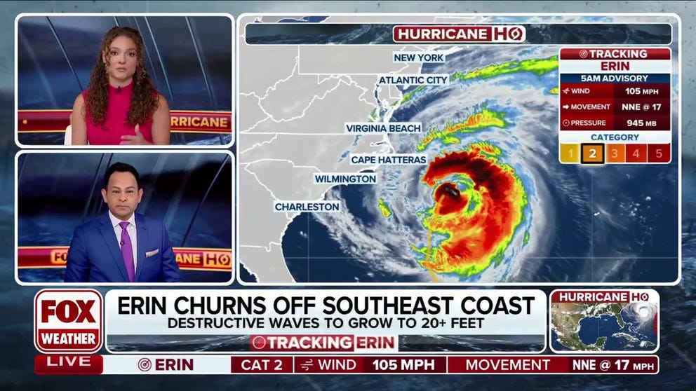 Hurricane Erin is charging northward disconnected  the North Carolina seashore  arsenic  its outer bands nutrient   tropical-storm-force winds, monster waves and life-threatening rip currents on  the coasts of North Carolina and Virginia. FOX Weather meteorologists Craig Herrera and Bayne Froney person  the latest connected  Thursday morning, Aug. 21, 2025.