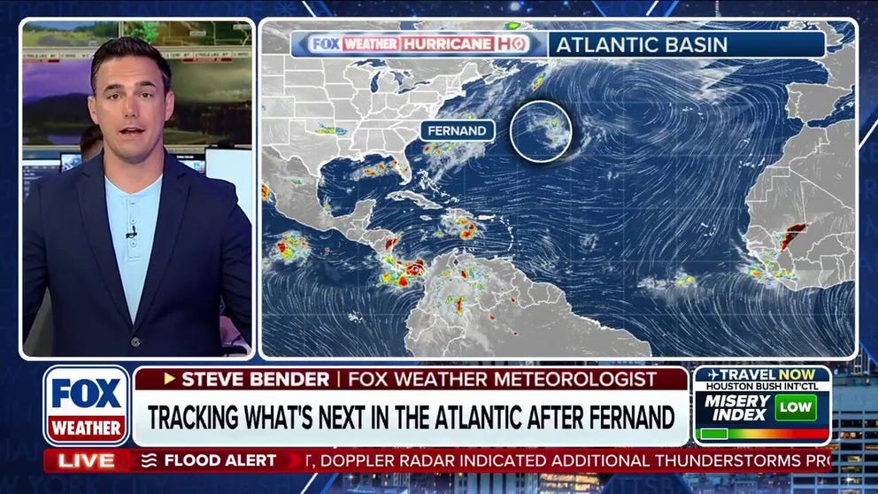 FOX Weather Meteorologist Steve Bender shares the latest updates for Tropical Storm Fernand, as it is no longer expected to become a hurricane.