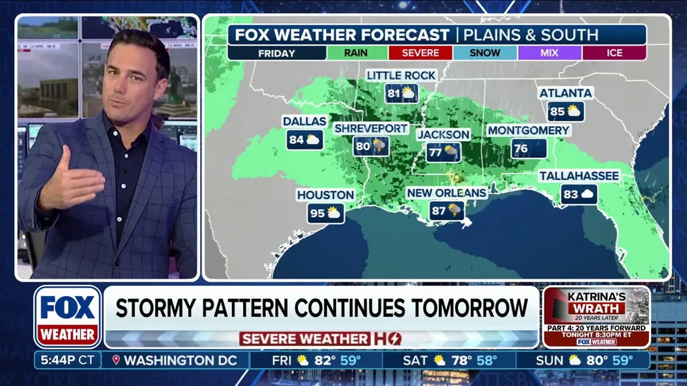 Storms are leaving the Plains and heading into the South as Labor Day weekend approaches. The storms are expected to bring heavy rains and the possibility of flash flooding for parts of Texas, Louisiana and Alabama into Friday afternoon. 