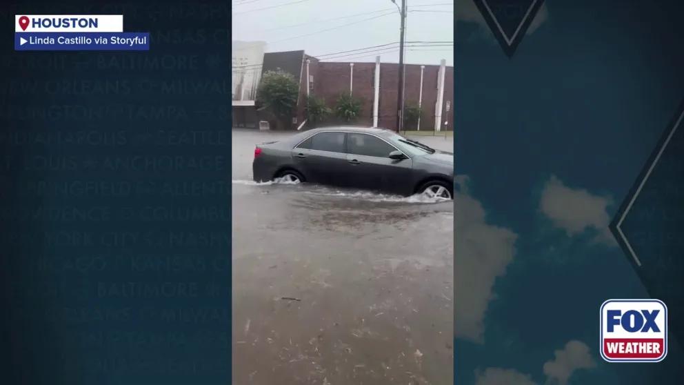 A video recorded in Houston shows a road that was turned into a river during flash flooding on Sunday, Aug. 31, 2025.