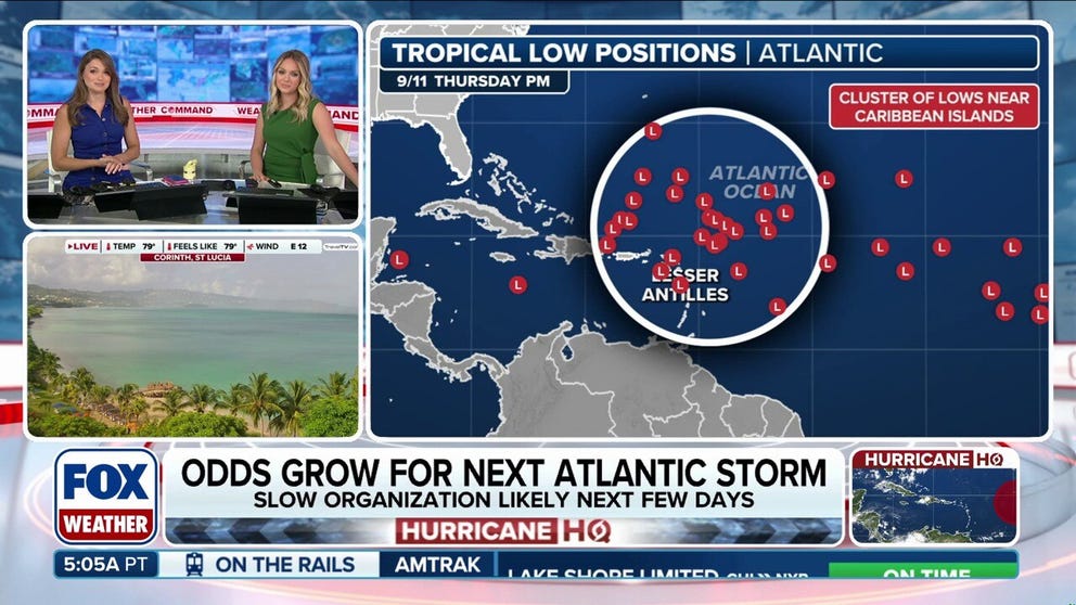 The National Hurricane Center said development chances for a disturbance swirling in the Atlantic continue to rise, and a tropical depression is 