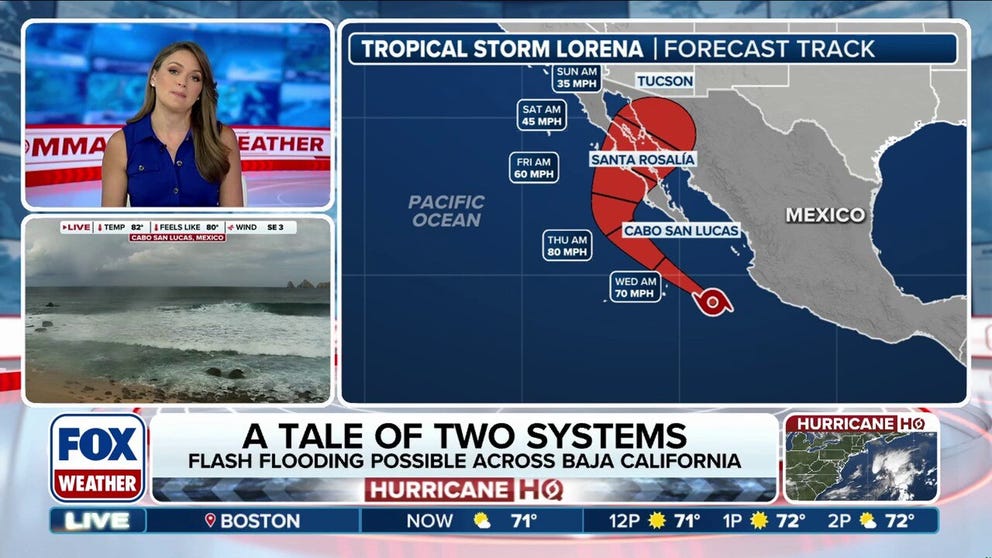 Tropical Storm Lorena formed Tuesday morning in the Eastern Pacific Ocean in the waters off the southwestern coast of Mexico. The current forecast is for Lorena to race to the northwest before slowing down and turning northeast towards Baja California by the end of the week. The track would bring increased rain chances for part of the U.S. as moisture would funnel northeastward towards Mexico and the Southwest.