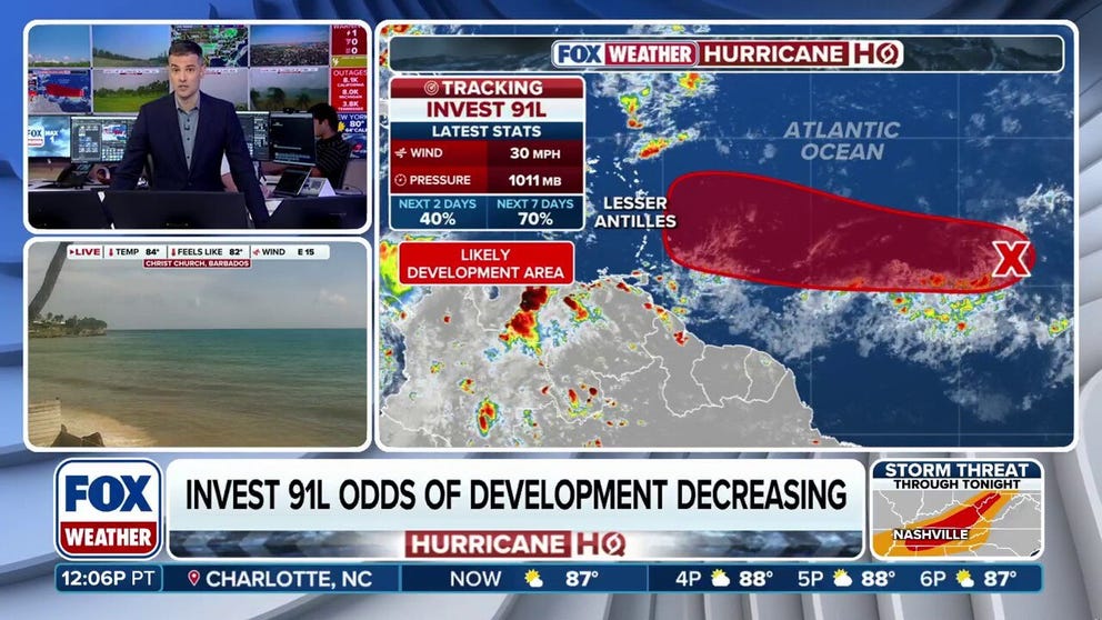 Dry air around Invest 91L is creating an environment that is not conducive for tropical development over the next two days. 