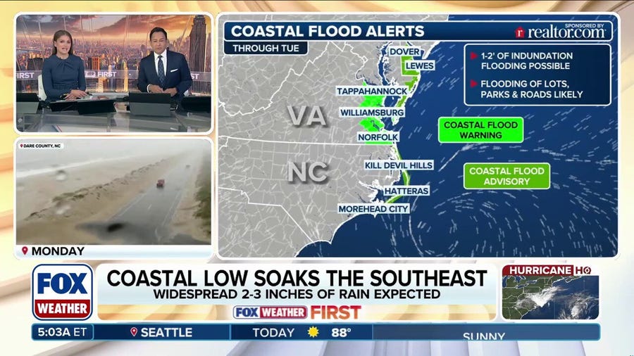 Coastal storm bringing flood threat, strong wind gusts to North Carolina and mid-Atlantic