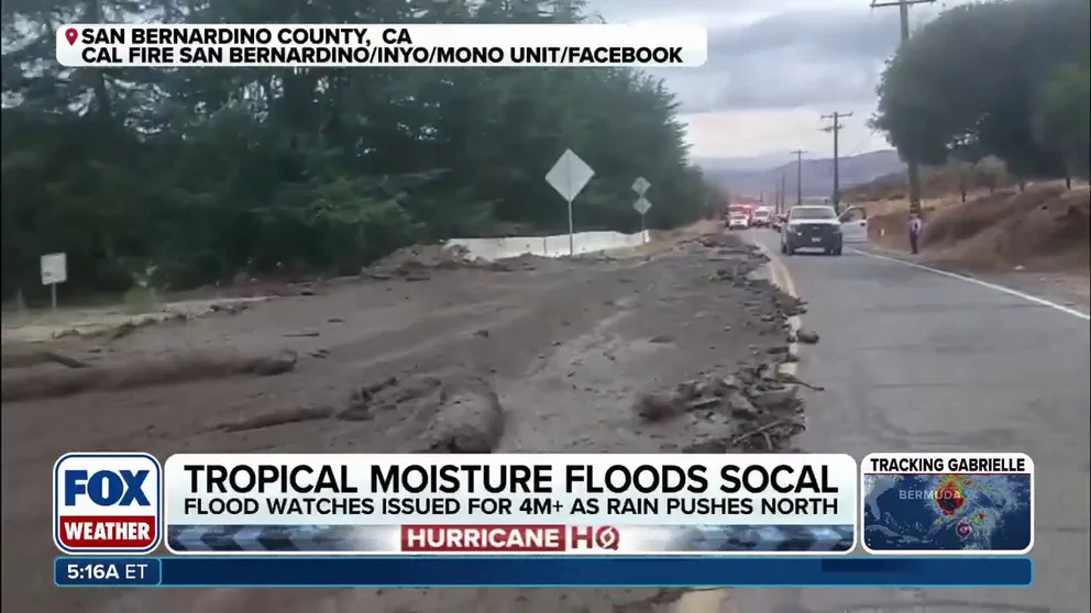 A surge of rain moved across Southern California and the Desert Southwest U.S. Thursday, causing several mudslides and debris flows. The moisture is associated with the remnants of Tropical Storm Mario that fell apart over the eastern Pacific earlier in the week. More rain is expected in California Friday before spreading across the Southwest through Saturday.