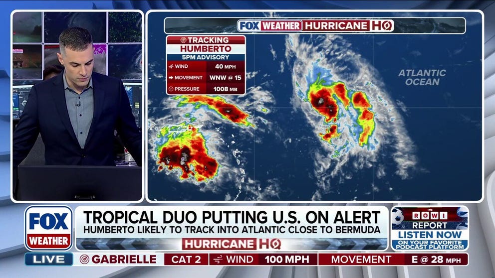 The National Hurricane Center has upgraded Invest 93L to Tropical Storm Humberto in the central Atlantic Ocean. As of Wednesday evening, Humberto has 40 mph sustained winds and is moving west-northwest.