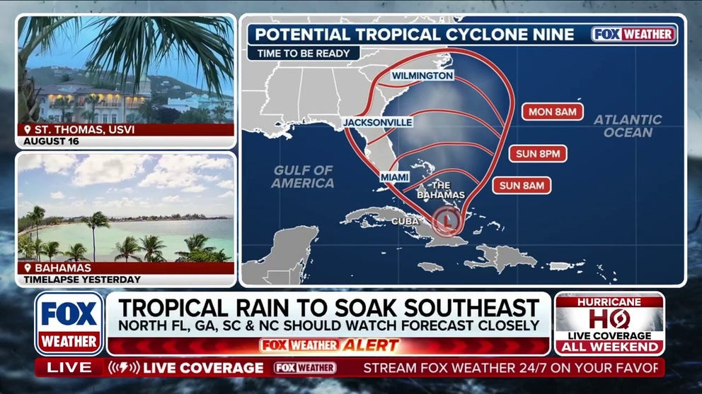 The exact track for Potential Tropical Cyclone Nine is uncertain, but the NHC forecasts the system will become Tropical Storm Imelda by weekend's end. The system will bring heavy rain, flooding and wind to Florida, Georgia and the Carolinas. 