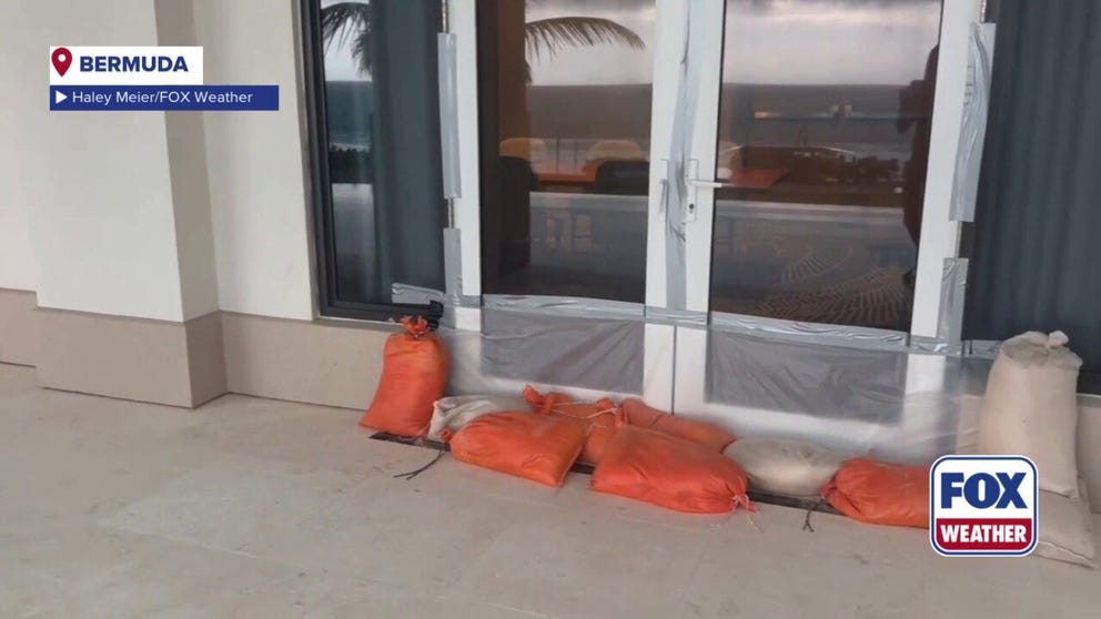 A video shared by FOX Weather Meteorologist Haley Meier shows sandbags in front of doors at a hotel in preparation for possible impacts from Hurricane Humberto and Hurricane Imelda.