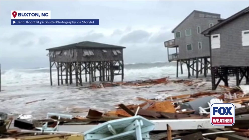 A drone video shared from Buxton, North Carolina, shows homes collapsing into the Atlantic due to the impacts of hurricanes Humberto and Imelda on Sept. 30, 2025.