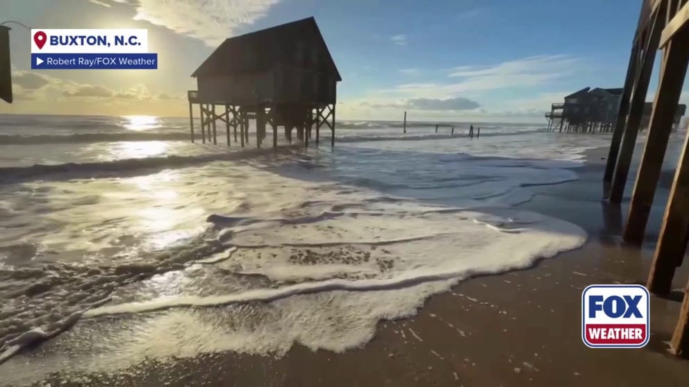 A video shared by FOX Weather Correspondent Robert Ray shows more homes that are in danger of collapse in Buxton along North Carolina's Outer Banks as large waves relentlessly crash on shore. Nine homes have collapsed into the Atlantic over the past week after hurricanes Imelda and Humberto kicked up the surf along the East Coast.