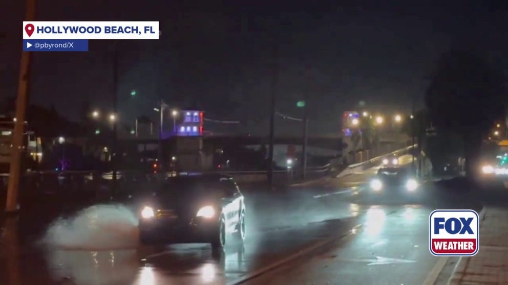 A video shared from Hollywood Beach, Florida, shows cars driving over a roadway that was flooded from recent a recent King Tide event on Oct. 6, 2025.