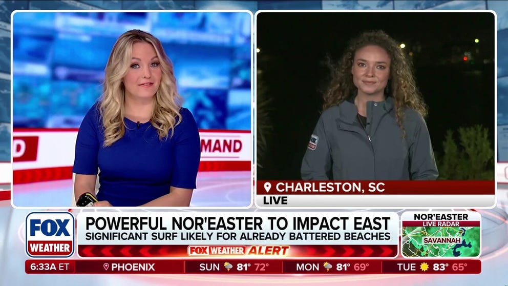 The worst of the impacts from a powerful fall nor'easter are hanging off the coast for now, but is expected to bring rough surf, coastal flooding, heavy rain and damaging winds to areas like Charleston. FOX Weather Meteorologist Bayne Froney reports from Charleston on Saturday morning, where strong winds and light rain were starting. 