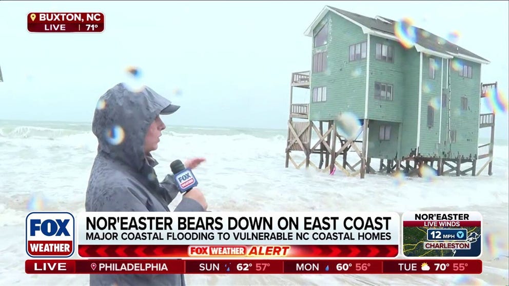 Conditions in Buxton, North Carolina, are worsening as a powerful nor'easter brings heavy rain, dangerous surf and damaging winds to the East Coast. FOX Weather Correspondent Katie Byrne reports from the beach where several homes have collapsed into the ocean in recent weeks.