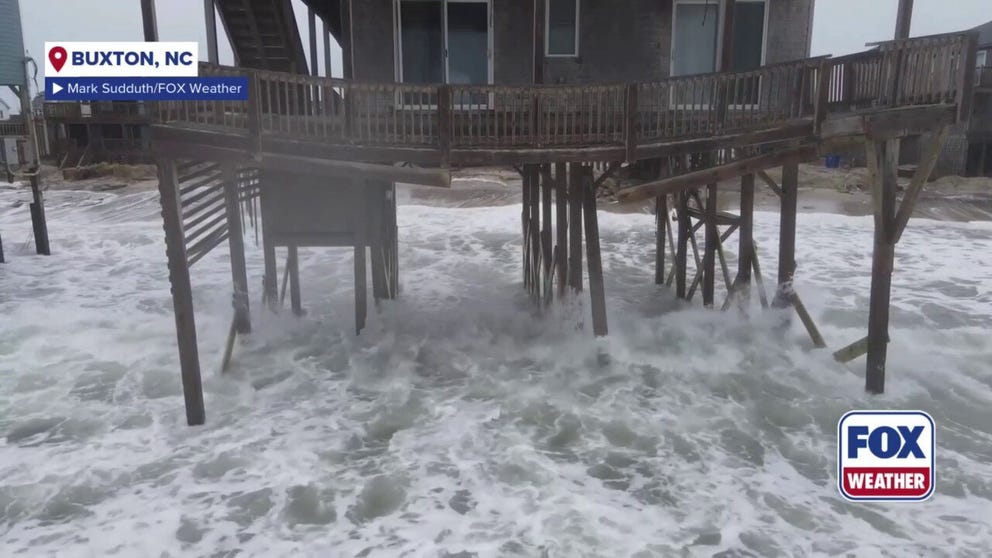 Several homes have collapsed into the ocean in Buxton, North Carolina, in recent weeks. Drone video from Saturday, Oct. 11 shows rough surf from a strong nor'easter pounding the beaches, putting more homes at risk. 