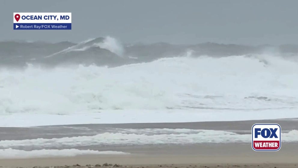 Scenes from FOX Weather Correspondent Robert Ray show waves lapping at the Ocean City beaches and intense gusts of wind on Sunday, Oct. 12. 