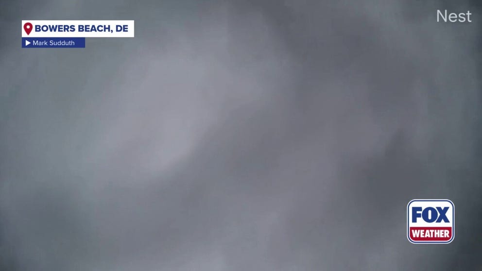 A live camera set up by FOX Weather Storm Chaser Mark Sudduth in Bowers Beach, Delaware was knocked over during a nor'easter on Sunday.
