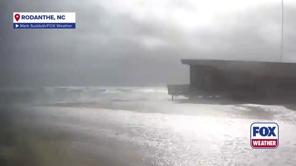 A time-lapse video shared by FOX Weather Exclusive Storm Tracker Mark Sudduth shows waves from a powerful nor'easter destroying a temporary sand barrier in Rodanthe, North Carolina, on Oct. 12.