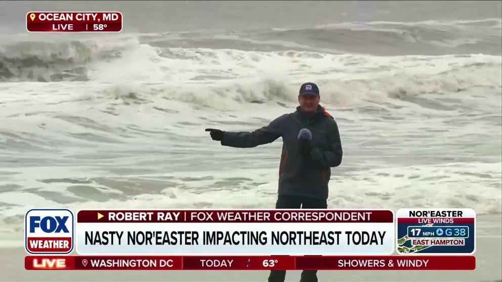 Whitecaps and swells are battering beaches in Maryland as a nor'easter swipes up the East Coast. Some inland coastal flooding remains late Monday morning. FOX Weather Correspondent Robert Ray has the conditions from Ocean City.