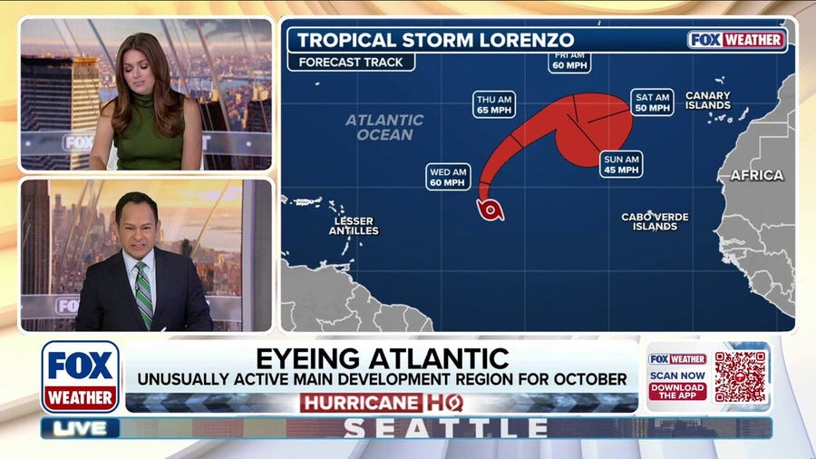 Tropical Storm Lorenzo will loop around open waters of the Atlantic