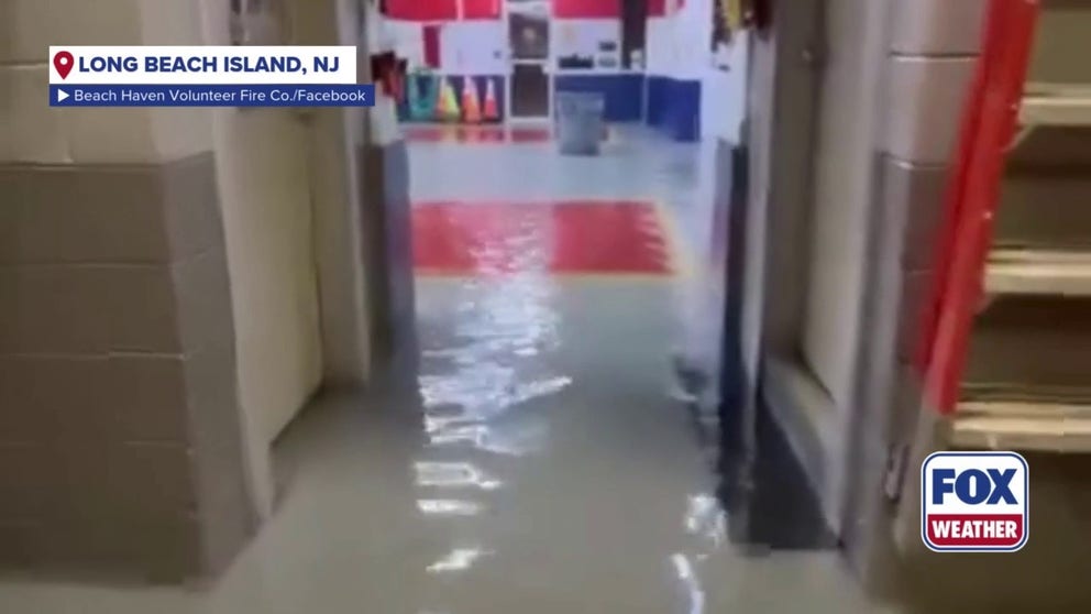 A video shared from New Jersey shows a fire station that was flooded as a powerful and deadly nor'easter slammed the region on Oct. 13, 2025.