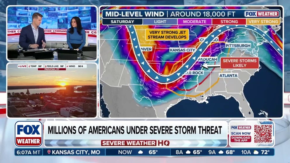 The cross-country storm moves across the Central U.S. on Friday it will bring an elevated risk of severe storms on Saturday. By Sunday and into early next week, rain associated with this system will spread into the Northeast.