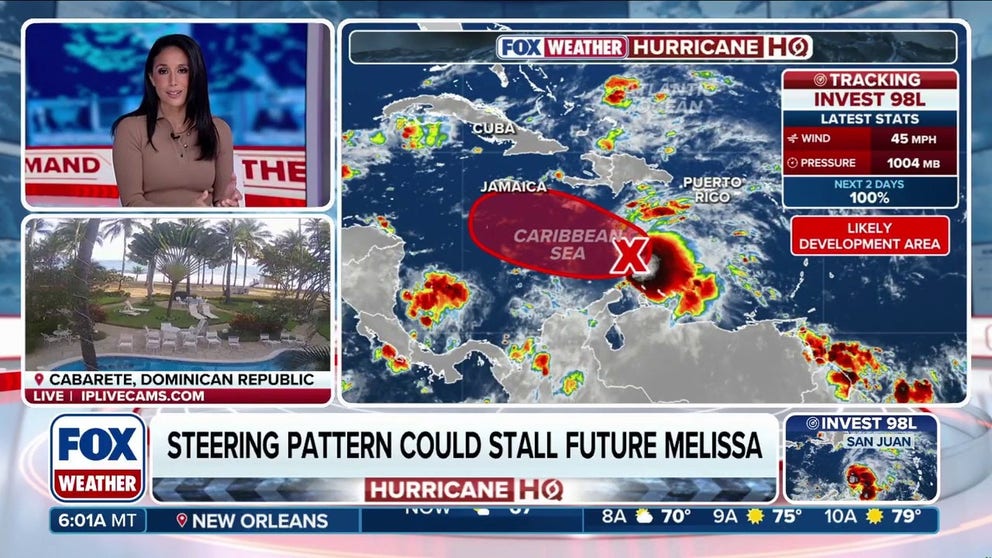 Invest 98L is getting its act together over the warm waters of the Caribbean Sea, and the National Hurricane Center now says the system will likely develop into Tropical Storm Melissa on Tuesday. FOX Weather Meteorologists Marissa Torres and Stephen Morgan have the latest on Oct. 21, 2025.