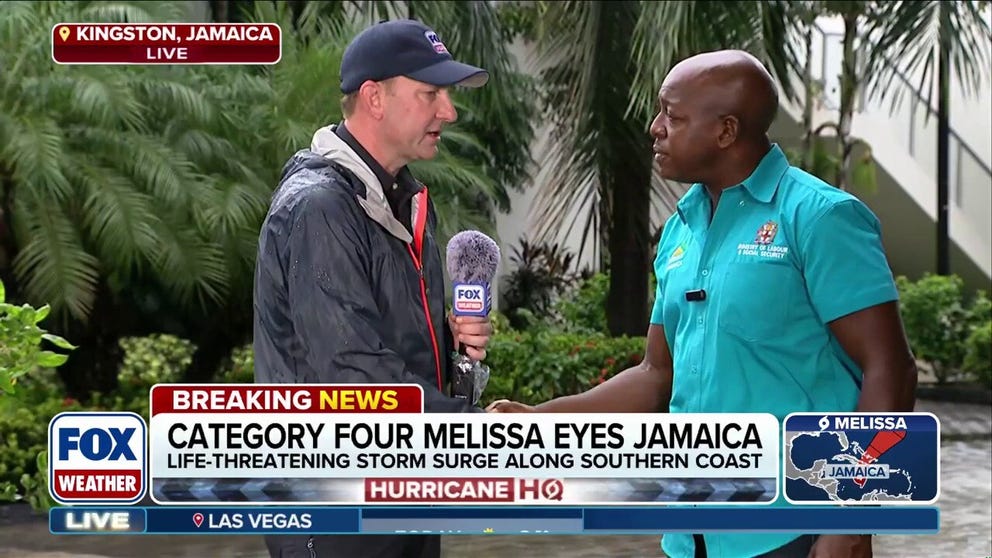FOX Weather Correspondent Robert Ray spoke with Jamaica's Minister of Labor and Social Security Pearnel Charles Jr. ahead of Hurricane Melissa's most dangerous impacts. Charles said residents in south-central Jamaica should get to higher ground with potentially catastrophic flooding to this part of the island.
