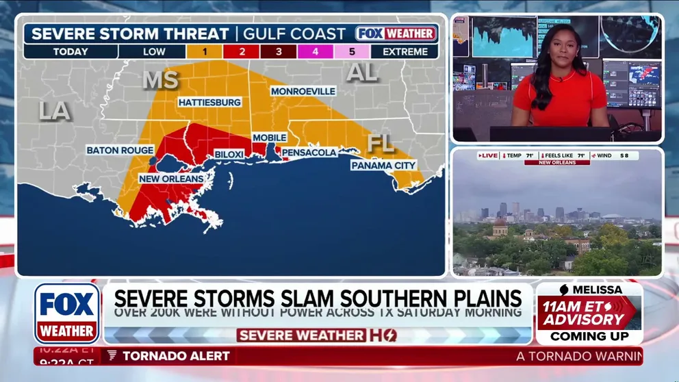 A Level 2 out of 5 threat of severe weather is possible across parts of the Gulf Coast on Sunday, which includes the potential for tornadoes. A Tornado Watch is in place for southeast Louisiana, including New Orleans, and southern Mississippi. 