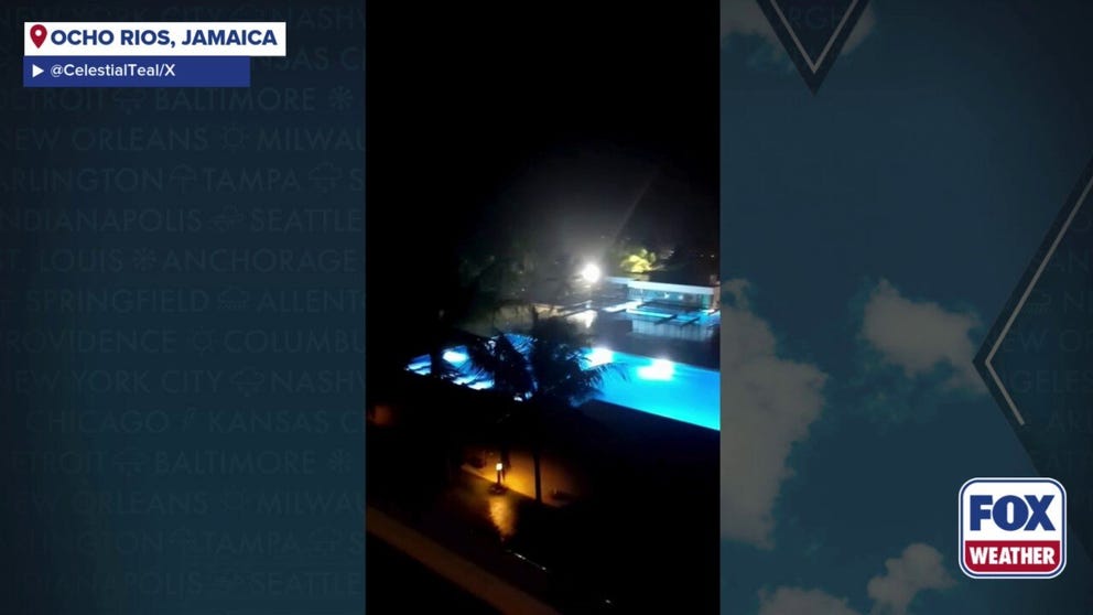 A video shared from Ocho Rios, Jamaica, shows palm trees swaying as winds from Hurricane Melissa last the region on Saturday, Oct. 25, 2025.