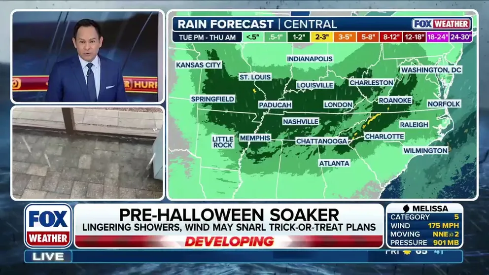 A storm system that moved off the coast of the Southeastern US will linger, bringing heavy rain to the Carolinas, the southern Appalachians and parts of Virginia through Wednesday. Meanwhile, an area of low pressure is bringing rain to a large area from the Upper Midwest to Texas on Tuesday. That storm will track across the country, soaking the mid-Atlantic and Northeast later in the week. Rain may linger across New England on Halloween day.